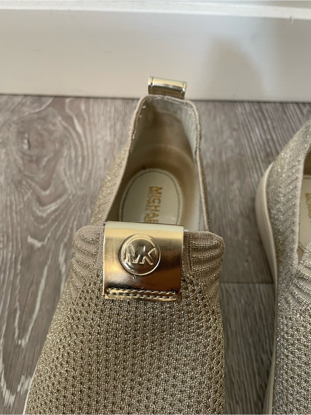 Michael Kors Gold Metallic Stretch Knit Slip On Sneakers Flats Size 7.5 - Picture 5 of 10